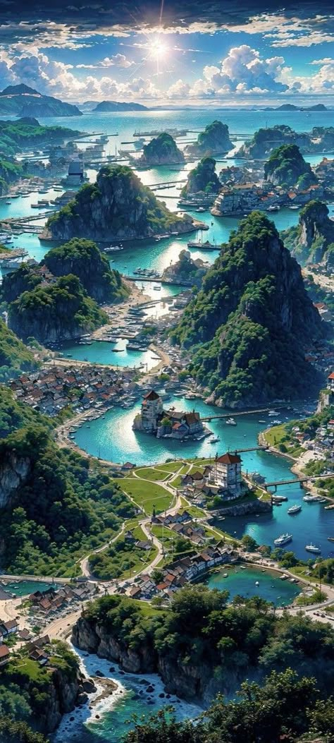 Water City Fantasy Art, Aerial Views Landscape, Fantasy World Map, 다크 판타지, Fantasy City, Fantasy Castle, Fantasy Setting, Fantasy Places, Cool Wallpapers Art