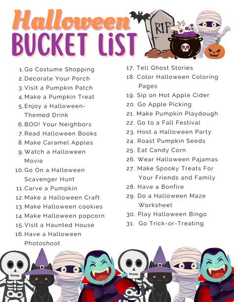 Bucket List Activities, Halloween Movies List, Halloween Bucket List, Halloween Buckets, Themed Drinks, Halloween Pajamas, Spooky Treats, Fall Bucket List, 31 Days Of Halloween