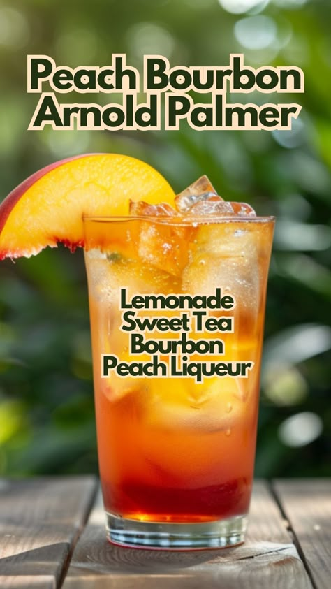 Peach Bourbon Arnold Palmer Peach Bourbon Arnold Palmer, Lemonade Alcohol Drinks Recipes, Bourbon Mixed Drinks, Cocktails Ideas, Lemonade Cocktails, Autumn Drinks, Whiskey Lemonade, Cocktail Cards, Peach Bourbon