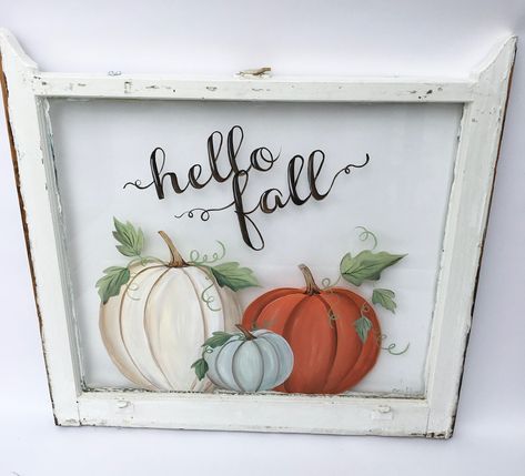 pumpkins painted on windows - Google Search Painted Window Panes, Fall Window Painting, Old Windows Painted, Old Window Art, Old Window Crafts, Hand Painted Windows, Old Window Decor, Painted Window Frames, Painted Window Art