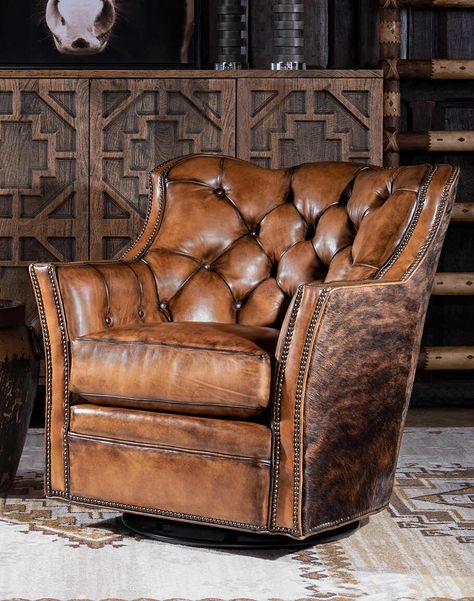 Medina Brindle Swivel Glider showcasing its deep button tufting and premium full-grain leather seat. Adobe Interior, Brindle Cowhide, Swivel Glider Chair, Swivel Glider Recliner, Leather Chairs, Glider Recliner, Tufted Leather, Glider Chair, Leather Artisan