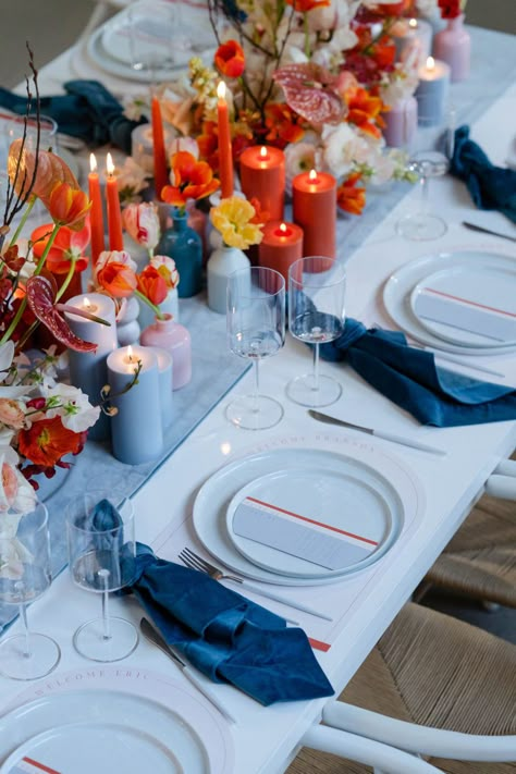 Blue And Orange Christmas, Blue And Orange Table Setting, Wedding Blue Orange, Blue And Orange Tablescape, Orange Blue Wedding, Orange And Blue Wedding, Blue And Orange Wedding, Blue Orange Weddings, Engagement Themes