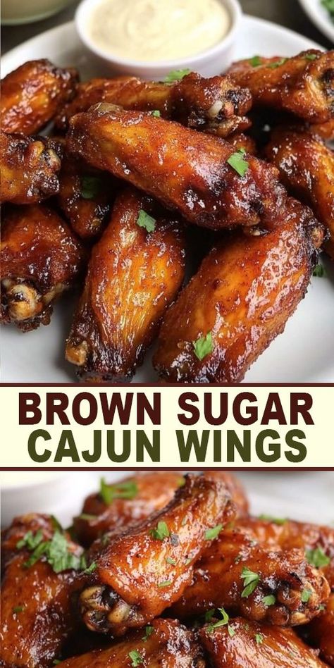 🔥 Brown Sugar Cajun Wings – the perfect blend of sweet and spicy! 🍗 These tender, juicy chicken wings are coated in a mouth-watering mix of brown sugar and Cajun seasoning that will leave your taste buds craving more. Ready to add a flavorful kick to your next meal? 😋 Pin now to save this recipe and impress your guests with these irresistible Brown Sugar Cajun Wings! 🔥👨‍🍳 #CajunWings #ChickenWings #GameDayFood #BBQRecipes #PartyAppetizers Sweet And Spicy Wings Recipe, Cajun Wings Recipe, Spicy Wings Recipe, Sweet And Spicy Wings, Cajun Wings, Juicy Chicken Wings, Chicken Wing Sauce Recipes, Wing Recipes Baked, Chicken Wing Sauce