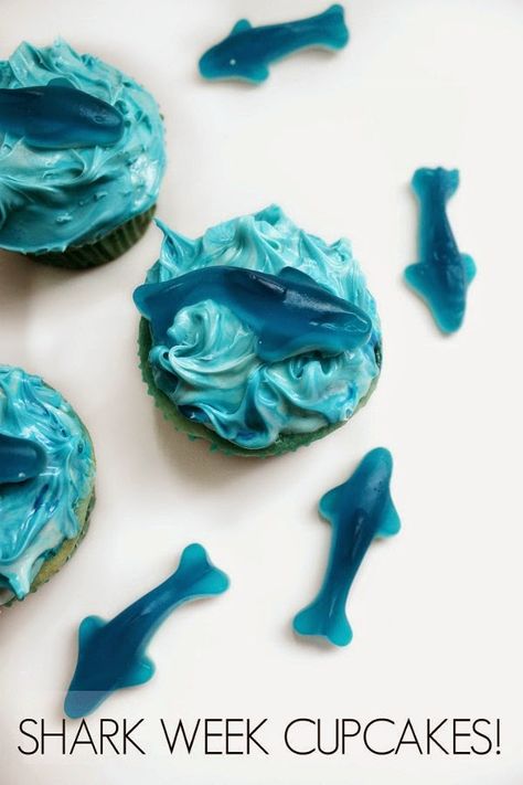 Who says sharks aren't sweet?%0AGet the recipe from Beauty and Beard.%0A  - Delish.com Birthday Cupcakes Design, Shark Week Recipes, Shark Cupcakes, Shark Week Party, Cupcakes Design, Party Design Ideas, Shark Themed Birthday Party, Shark Cake, Shark Birthday Party