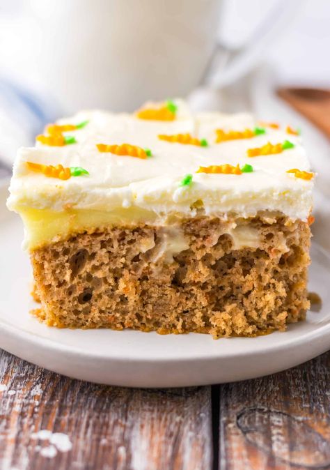 Carrot Cake Poke Cake Carrot Cake Poke Cake, Cake Poke, Candied Carrots, Homemade Carrot Cake, Cake Mix Ingredients, White Desserts, Orange Frosting, A Glass Of Milk, Bunny Treats