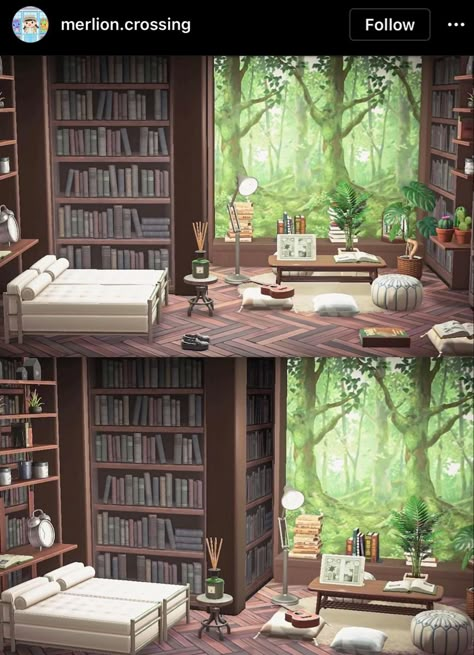 Indoor Library, Acnh Living Rooms Ideas, Animal Crossing House, Artist Space, Acnh Interior, Acnh Hhp, Acnh House, Happy Home Paradise, Library Bedroom