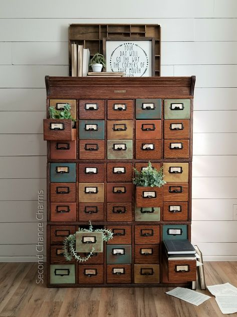 Armoire Repurpose, Card Catalog Cabinet, Library Card Catalog, Apothecary Decor, Seed Storage, Apothecary Cabinet, Card Catalog, Reclaimed Furniture, Pipe Furniture