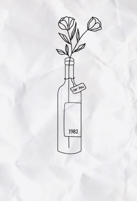 Small Wine Bottle Tattoo, Flowers In A Bottle Tattoo, Wine Bottle With Flowers Tattoo, Flower In Bottle Tattoo, Bottle With Flowers Drawing, Bottle Of Wine Tattoo, Wine Bottle Tattoo, Wine Bottle Drawing, Golden Tattoo