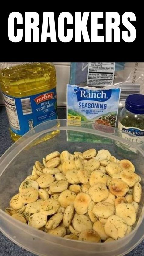 1- 10oz bag of plain oyster crackers 1- 1oz Packet of Ranch Dressing/Dip Mix 1/4 cup of Vegetable oil 1/2 tsp Dill Combine oil, mix, and dill. Pour over crackers and stir gently. Bake at 250 degrees for 15-20 min. Stir halfway through. Baked Ranch Oyster Crackers, Ranch Dill Oyster Crackers, Dill Oyster Crackers Recipe, Dill Crackers Recipe, Dill Oyster Crackers, Oyster Crackers Ranch, Oyster Cracker Snack Mix, Ranch Crackers Recipe, Oyster Cracker Snack