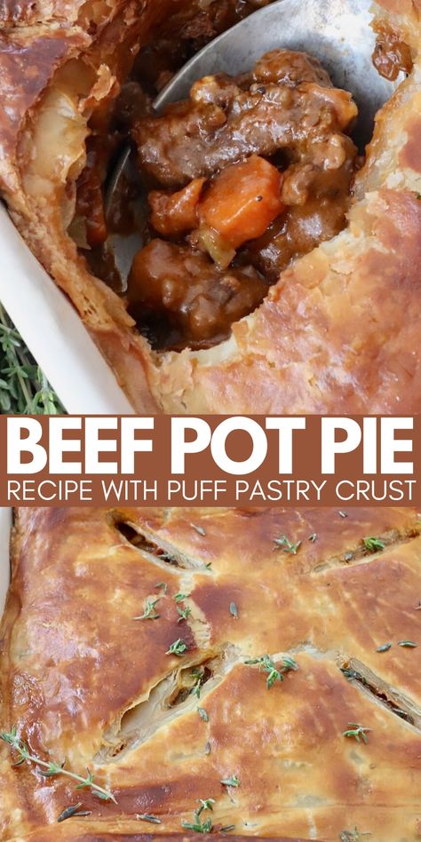 serving spoon in cooked beef pot pie in a baking dish Beef Pie Recipe, Beef Pot Pie Recipe, Beef And Mushroom Pie, Beef Pot Pie, Beef Pot Pies, Puff Pastry Crust, Pot Pie Recipe, Creamy Potato Soup, Easy Pie Recipes