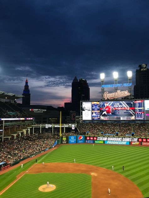 Summer night out at a baseball game. Cleveland Guardians, prev Cleveland Indians. Sunset Cleveland Guardians Wallpaper, Cleveland Aesthetic, Baseball Game Aesthetic, Guardians Baseball, June Moodboard, Indians Game, Baseball Wallpaper, High School Photos, Cleveland Baseball