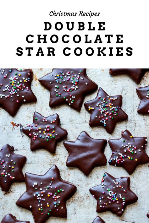 Christmas Double Chocolate Star Cookies are buttery and decadent shortbread cocoa cookies with a semi sweet chocolate glaze and festive sprinkles. Chocolate Star Cookies, Cookie Biscuits, Beet Cake, Biscuits Recipes, Chocolate Stars, Chocolate Garnishes, Holiday Cookie Exchange, Cocoa Cookies, Christmas Cookies Easy