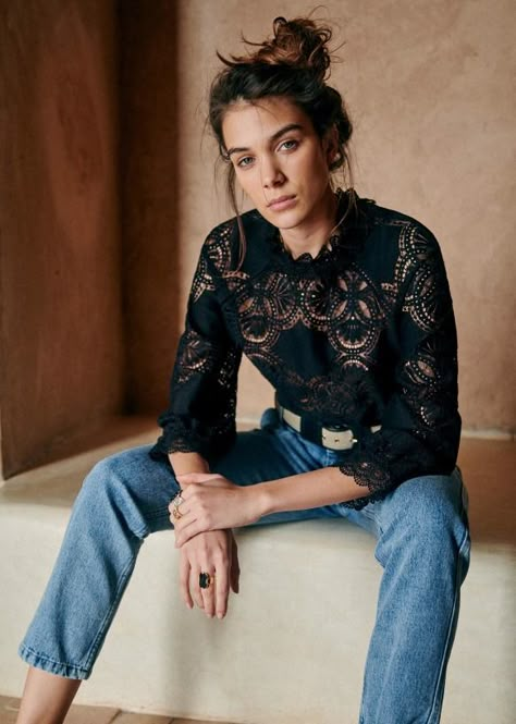 Bacall Blouse - Ecru - Polyamide - Sézane Petite Blouses, Black Lace Blouse, 2021 Fashion, French Chic, Black Lace Tops, Wardrobe Basics, Fall Collection, Inspiration Mode, Pre Fall