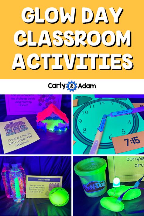 Image of a classroom transformed with black lights, showcasing students engaged in various glowing STEM activities like building neon structures and experimenting with glow-in-the-dark slime. Text overlay reads '12 Fun and Low-Prep Classroom Glow Day Activities' to inspire educators to create an engaging learning environment. Glow Day Activities First Grade, Glow Day Classroom Activities 1st Grade, Glow Day Classroom Activities, Glow Activities, Glow Day Activities, Glow Day Classroom, Bioluminescent Creatures, Math Measurement Activities, Prep Classroom