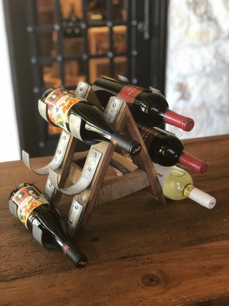 Wine Rack 6 Bottle-barrel Stave and Metal Bands - Etsy Canada Barrel Stave Projects, Barrel Wine Rack, Wine Bottles Ideas, Bourbon Barrel Decor, Barrel Stave Ideas, Stave Projects, Wine Barrel Art, Beer Rack, Whiskey Barrel Bar