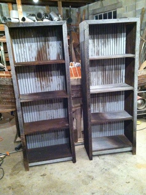 Barn wood and corrugated metal book shelves #barnwood #furniture  Facebook.com/revivalwoodworks Barnwood Shelves, Barn Wood Projects, Corrugated Metal, Reclaimed Barn Wood, Metal Shelves, Barnwood, Recycled Wood, Repurposed Furniture, Pallet Furniture