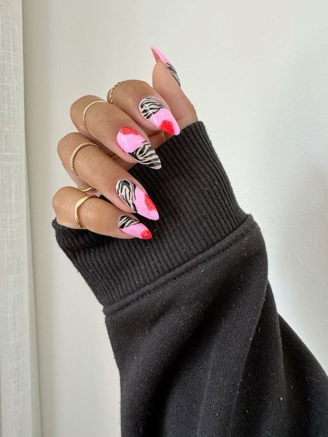 Colorful Animal Print Nails, Zebra Almond Nails, Zebra Nails Animal Prints, Pink Funky Nails, Nail Art Animal Print, Uñas Animal Print, Zebra Nail Designs, Zebra Nail Art, Zebra Print Nails