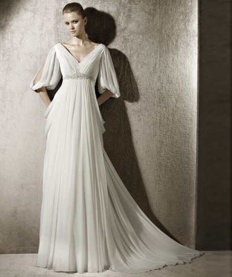 A little bit of a capped sleeve maybe? What do you call these sleeves? Lovely whatever the name! Grecian Style Wedding Dress, Beach Bridal Dresses, Court Train Wedding Dress, Empire Wedding Dress, Chiffon Wedding Dress, Sophisticated Bride, Wedding Dress Chiffon, White Wedding Dress, Wedding Dress Train