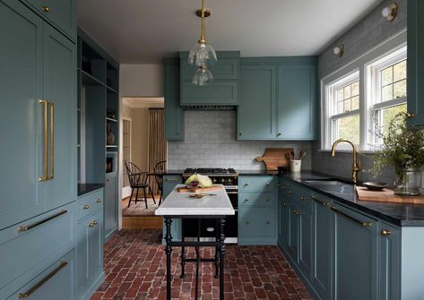 Pacific Northwest Tudor | Heidi Caillier Small Kitchen Island Ideas, Tudor Kitchen, Kitchen Cabinet Color Ideas, Oval Room Blue, Small Kitchen Island, Victorian Kitchen, Blue Cabinets, Classic Kitchen, Brick Flooring