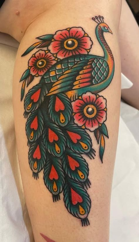 Peacock Tattoo With Flowers, Peacock Tattoo Neo Traditional, Peacock Hip Tattoo, American Traditional Peacock Tattoo, Traditional Peacock Tattoo Design, American Traditional Peacock, Traditional Peacock, Tattoo Peacock, Traditional Peacock Tattoo