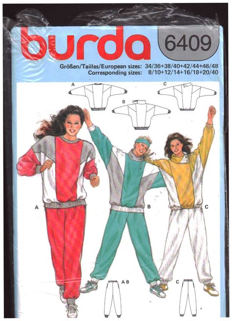 Burda 6409 Tracksuit - Pants, Top  Size: 8/10-12/14-16/18-20/40  Uncut 90s Tracksuit, Sweatshirt Sewing, Sewing Paterns, Athletic Wear Womens, Jogging Outfit, Burda Sewing Patterns, 60s Women, Burda Patterns, Modern Sewing Patterns