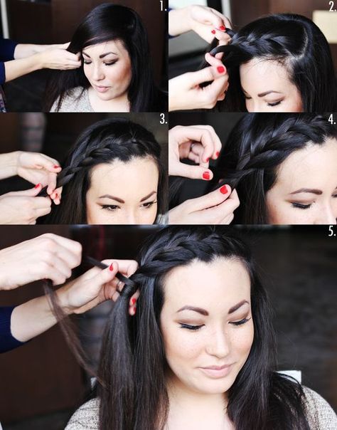 1. Gather a large section of your hair starting from one side of the crown of your head and sweeping to the other side. 2. Begin braiding three small strands from the top of this section. 3. As you braid add more strands from the original section. 4. Be sure to braid so that your hair wraps around the top of your head. 5. Finish by wrapping one strand around the entire braid, securing it in place. Braided Bangs, Top Hairstyles, 50 Plus, Penteado Cabelo Curto, Braided Hairstyles Tutorials, Great Hair, Hair Dos, Gorgeous Hair, Pretty Hairstyles