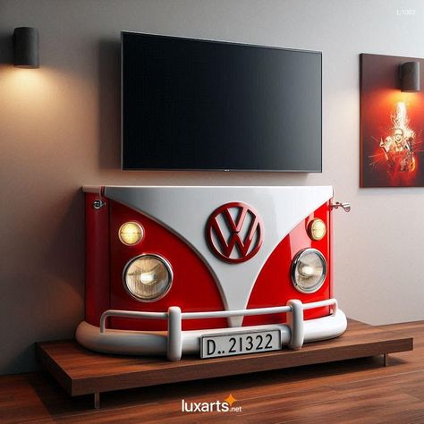 Volkswagen Bus Shaped TV Stand: A Retro Statement Piece for Your Living Room 8 Retro Theme Living Room, Volkswagen Bus Art, Diy Boy Bedroom, Car Decoration Ideas, Bus Home, Stroller Wagon, Bus Art, Wal Art, Staplers