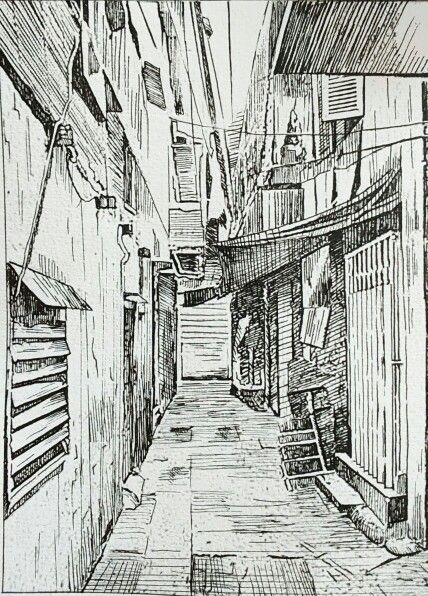 Alley in Saigon... Simple... Made by unipen Alley Illustration, Alley Drawing, Sketches Architecture, Comic Illustrations, City Sketch, Illustrations Art, Texture Mapping, Cardboard Art, Red Head