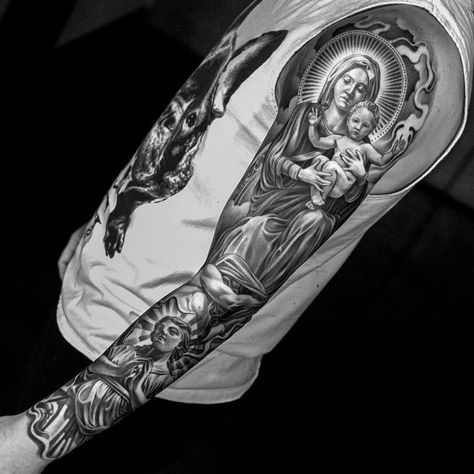 Virgin Mary Tattoos, Mary Tattoos, Inside Bicep Tattoo, Virgin Mary Tattoo, Inner Bicep Tattoo, Mary Tattoo, Tattoos Men, Men Tattoos Arm Sleeve, Forarm Tattoos