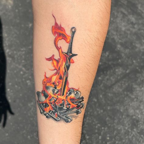 Dark Souls Bonfire tattoo by Levgen Knysh Dark Souls Bonfire Tattoo, Bonfire Tattoo, Dark Souls Bonfire, Souls Tattoo, Dark Souls Tattoo, Bonfire Lit, Tattoo Dark, Tattoo Anime, Arm Tats