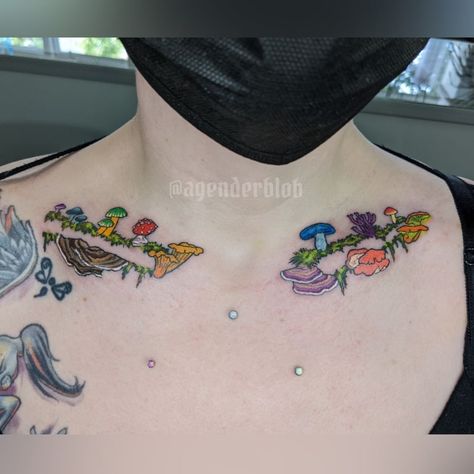 Vox Dombek on Instagram: “got to color/finish these collarbone pieces! the right side features mushroom species found back home (Baltimore!) and the left side in new…” Mushroom Collar Bone Tattoo, Collar Bone Tattoo Color, Collarbone Tattoo, Mushroom Species, Mushroom Tattoos, Collar Bone Tattoo, Matching Tattoos, Skin Art, Tattoo Inspo