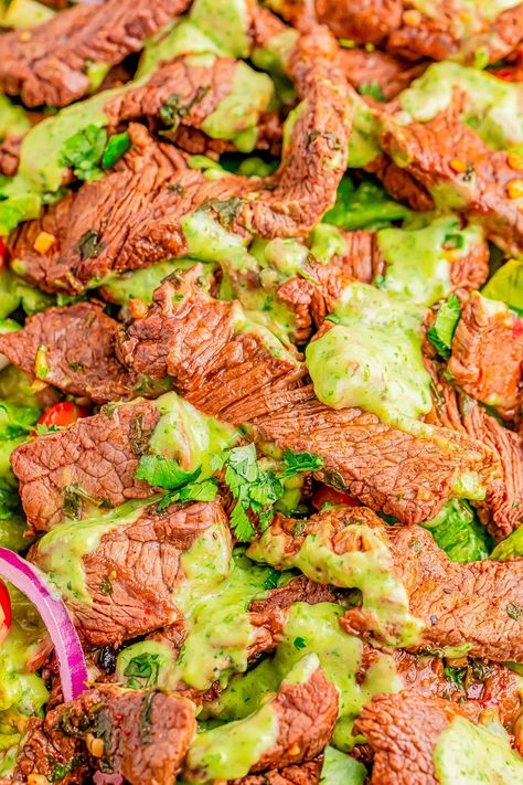 Steak Fajita Salad with Creamy Cilantro Lime Dressing — 🥗🍅🥑🌶️ Tastes like your favorite steak fajitas, but in fresh and crisp salad form! Mouth-watering sliced sirloin steak, crisp bell peppers, onions, and juicy tomatoes are layered over a bed of lettuce to really level-up your salad game! The homemade creamy avocado and cilantro lime dressing comes together in seconds and adds so much incredible FLAVOR! There are so many fresh Mexican-inspired flavors in this FAST and EASY salad! Steak Fajita Salad, Sliced Sirloin, Creamy Cilantro Lime Dressing, Fajita Salad, Crisp Salad, Averie Cooks, Cilantro Lime Dressing, Steak Tacos, Sirloin Steak