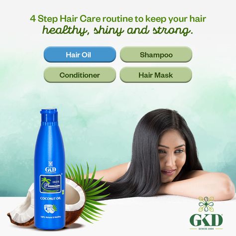 The first step to a good hair care routine is properly oiling your hair. Apply GKD's Premium Coconut Oil for shiny, healthy and strong hair. Available on all major e-commerce platforms and stores near you. . . . . . #ShineWithJasmine #GKD #GKDJasmineOil #GKDSparsh #CoconutHairOil #ShinyHair #Jasmine #Shine #Coconut #Hair Hair Oil Social Media Post, Hair Oil Creative Ads, Caption For Hair, Vatika Hair Oil, Oiling Your Hair, Parachute Coconut Oil, Hair Oil Ingredients, Hair Regrowth Oils, Amla Hair Oil