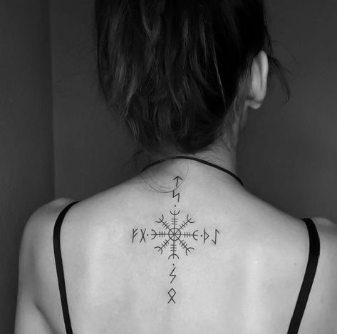 Viking Back Tattoo For Women, Helm Of Awe Tattoo Women, Fine Line Nordic Tattoo, Swedish Viking Tattoo, The Helm Of Awe Tattoo, Women Viking Tattoo, Helm Of Awe Tattoo Design, Female Viking Tattoo, Viking Woman Tattoo