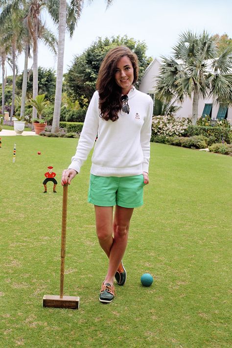 Shirt: Banana Republic  Skirt: Banana Republic Shoes: J.Crew Bag: Frank Clegg Belt: Vintage Bracelets: Banana Republic Kiel James Patrick J.Crew Croquet Outfit, Croquet Party, Country Club Attire, Country Club Casual, Classy Girls Wear Pearls, Prep Style, Wear Pearls, Classy Girl, Golf Attire