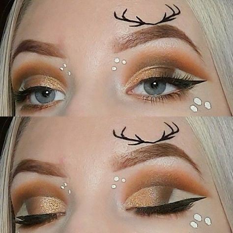 Brown Christmas Makeup, Easy Xmas Makeup, Xmas Makeup Simple, Reindeer Eye Makeup, Mrs Clause Makeup, Reindeer Makeup Simple, Christmas Eyeliner Looks, Christmas Inspired Makeup, Christmas Eye Makeup Ideas