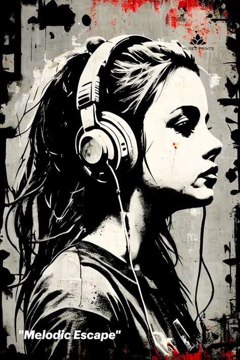 "Melodic Escape" is an original digital illustration by Mused Prints. Available in our Etsy shop! Girl Listening To Music, Retro Music Art, Lost In Music, Music Graffiti, Stencil Street Art, Lines And Shapes, Graffiti Illustration, Funky Wall Art, Art Studio At Home