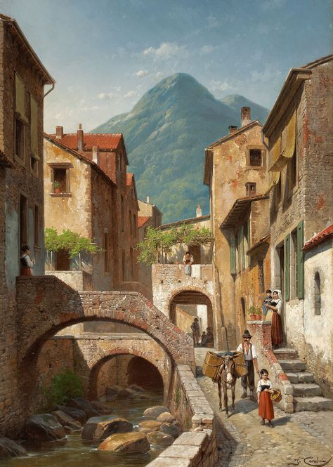 Genre Painting, European Village, Italian Village, Village Scene, Rural Life, Architecture Details, Landscape Paintings, Cityscape, Oil On Canvas