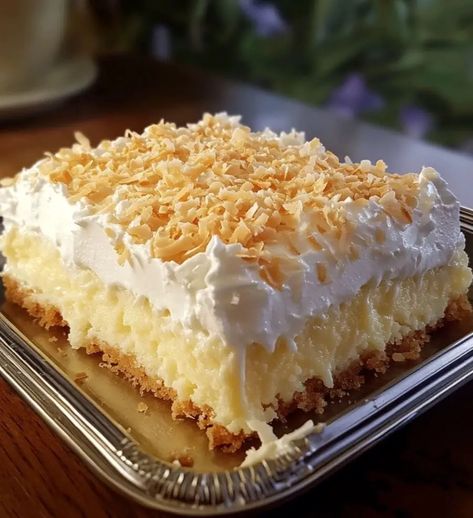 Coconut Cream Poke Cake Coconut Cloud Dessert, Coconut Cream Pie Bars Recipe, Coconut Cream Poke Cake, Coconut Cream Pie Bars, Cream Poke Cake, Coconut Poke Cakes, Sweet Bars, Coconut Cream Cake, Lemon And Coconut Cake