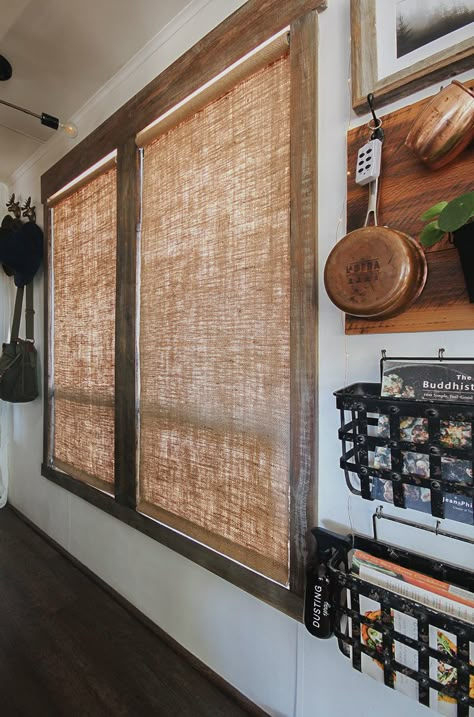 DIY Burlap Roller Shades inside RV | MountainModernLife.com Burlap Window Treatments, Diy Window Shades, Diy Window Treatments, Diy Shades, Burlap Curtains, Diy Burlap, Rv Remodel, Camper Remodel, Diy Window