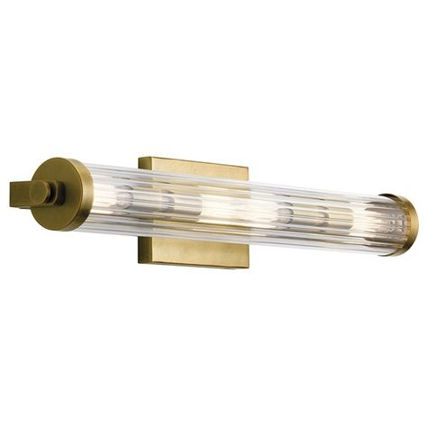 Azores 24.75" 4 Light Linear Vanity Light Natural Brass | Kichler Lighting Industrial Vanity Light, Industrial Vanity, Vanity Light Bar, Vintage Industrial Style, Kichler Lighting, Led Stripes, Ribbed Glass, Industrial Vintage, Bathroom Light Fixtures