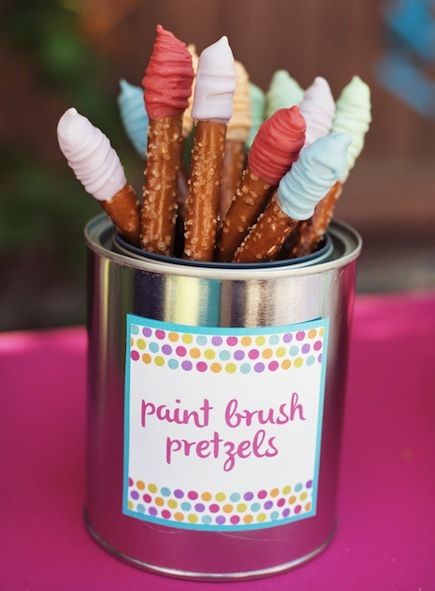 Paint Brush Party Pretzels Paint Themed Birthday Party, Artist Birthday Party, Dot Rainbow, Art Themed Party, Painting Birthday Party, Artist Birthday, Birthday Painting, Painting Birthday, Rainbow Paint