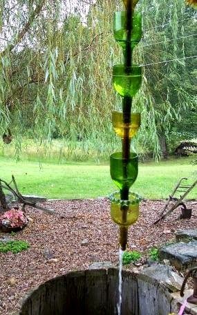 Dishfunctional Designs: Creative And Beautiful DIY Rain Chains How To Make A Rain Chain, Rain Chain Diy, Rain Chains, Wine Bottle Art, Rain Chain, Rain Barrel, Rain Water Collection, Glass Bottle Crafts, Rain Garden