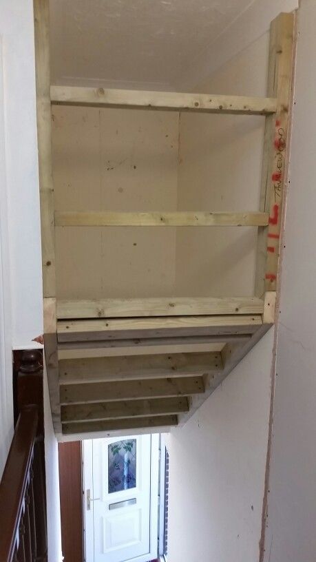 Forming above stairs new space for bedroom Above Stair Storage, Above Stairs Storage Ideas, Above Basement Stairs Storage, Above The Stairs Storage, Cupboard Above Stairs, Above Stairs Space, Over Stairs Cupboard, Closet Above Stairs, Storage Above Stairs