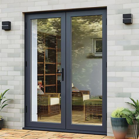 AluVu Patio Doors Patio Doors Ideas, External Glass Doors, Outdoor French Doors, Single Patio Door, French Doors Patio Exterior, Gardeners Cottage, Exterior Patio Doors, Side Hinged Garage Doors, Black French Doors