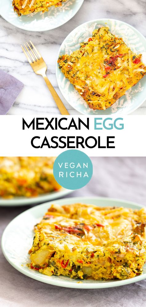 This Vegan Mexican Egg casserole gets a delicious Mexican flair with layers of roasted potatoes, onion and bell peppers, spinach, tomatoes, cheese, and fluffy tofu eggs seasoned with taco spice.  You while family will gobble this easy brunch recipe up! Nut-free + gluten-free option. Mexican Egg Casserole, Vegan Mexican Casserole, Tofu Eggs, Mexican Egg, Mexican Breakfast Casserole, Mexican Eggs, Best Vegan Breakfast, Weekend Brunch Recipes, Vegan Feast