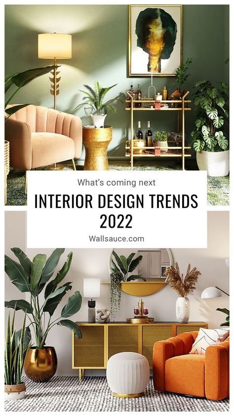 Living Room Colours 2022, Sage And Orange Living Room, Sage Green Boho Living Room, Trending Living Rooms, Green Living Room Modern, 2022 Living Room Trends, Boho Green Living Room, Green Theme Living Room, Huge Living Room Ideas