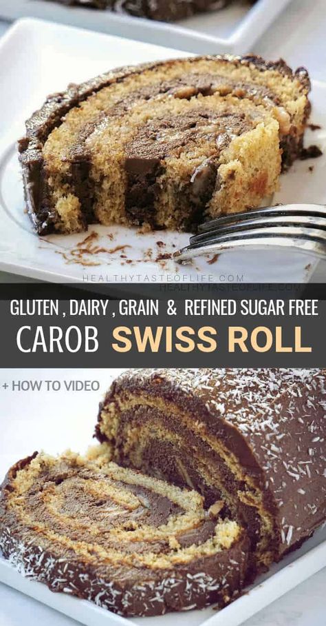 This easy gluten free swiss roll cake is covered in a delicious layer of “chocolaty” carob frosting and is also dairy free, grain free & refined sugar free. Whether you call it a Swiss Roll, a Roulade Cake or a Yule Log, this simple sponge roll cake is sure to make an impressive gluten free dairy free or paleo dessert for any party. If you want a chocolate swiss roll but you are allergic to chocolate, then you should try this recipe made with a chocolate substitute. Gluten Free Swiss Roll, Sponge Roll Cake, Chocolate Substitute, Carob Cake, Carob Recipes, Roulade Cake, Fodmap Baking, Chocolate Swiss Roll, Dairy Free Frosting