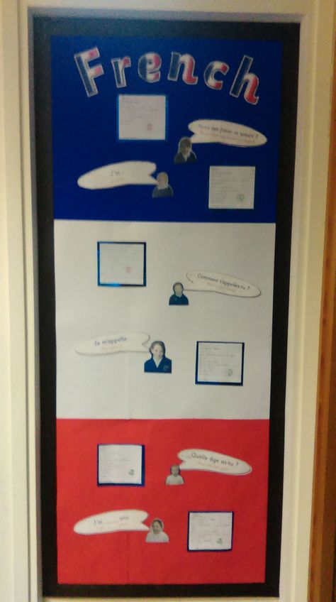 MFL KS2 French display showing children's writing and basic conversational questions and answers. French Display Ks2, French Display, French Classroom, Christmas Photoshoot, Questions And Answers, Kids Writing, Display Ideas, Writing, France