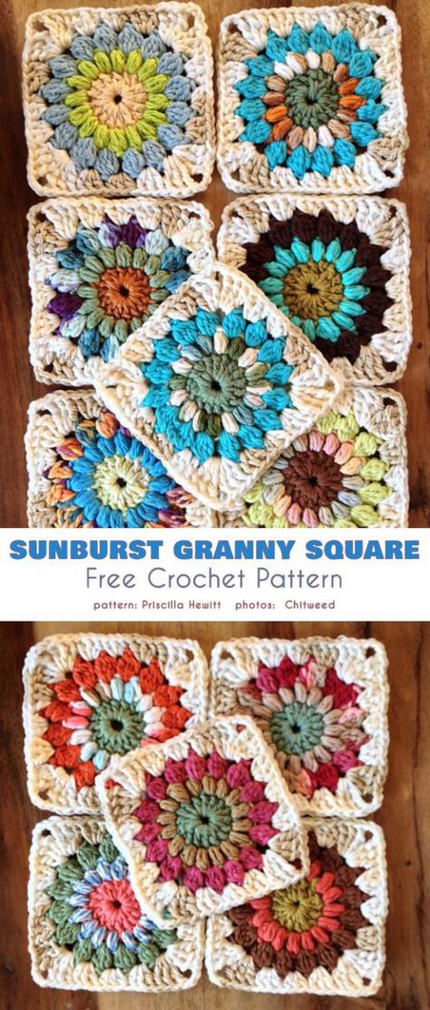 Crochet Starburst Granny Square Free Pattern, Crochet Grammy Square Blanket Patterns, Circle Granny Square Pattern Free, Round Granny Square Pattern, Crochet Sunburst Granny Square Free Pattern, Sun Burst Crochet Granny Squares, Colorful Granny Square Crochet Pattern, Crochet Circle In A Square Free Pattern, Granny Square Sunburst Pattern